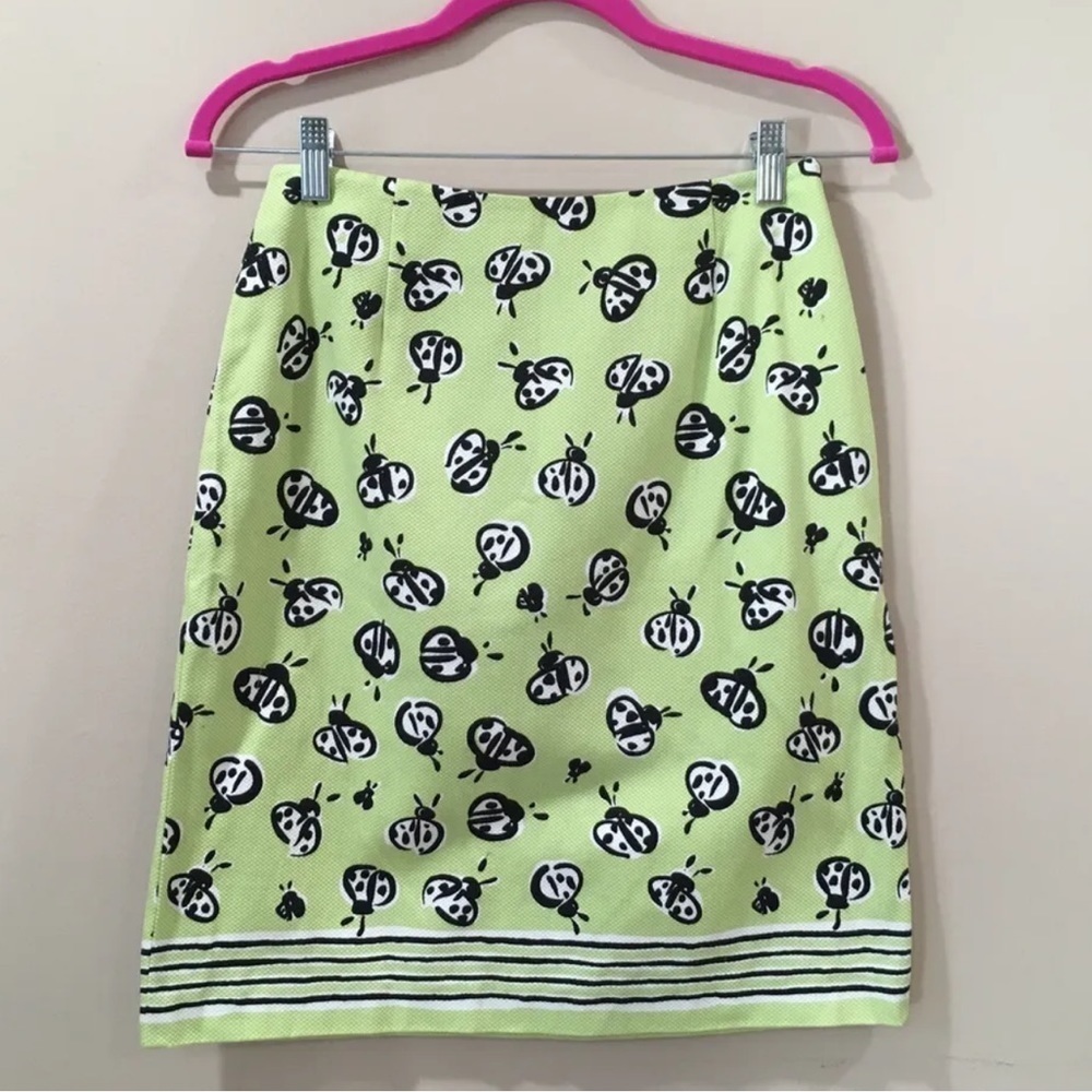 Talbots Vintage Ladybug Print Pencil Skirt Lime Green Striped Hem Womens Size 4